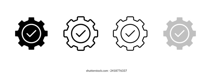 Checkmark inside gear icon set. Silhouette, linear, and flat style. Vector icons.