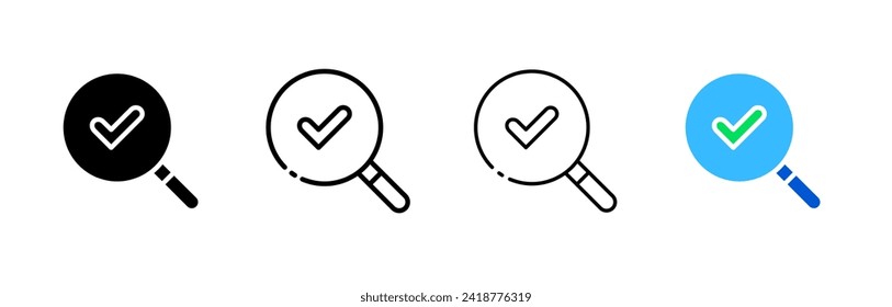 Checkmark inside magnifying glass. Checkmark icon. Silhouette, linear, and flat style. Vector icons.