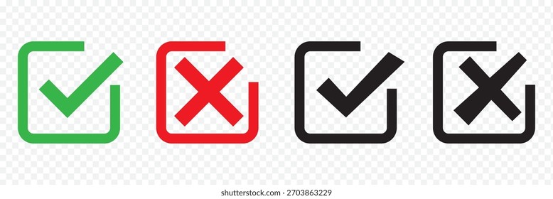 marca de seleção dentro da caixa de seleção quadrada, pintado à mão pincelada pincelada traçado símbolo de tique. Marcas de verificação do conjunto de rabiscos. Vote, sim, não, caixa de seleção, lista de verificação, sinais de marca e cruz, conceito desenhado em v e x. Conjunto de cores pretas EPS 10