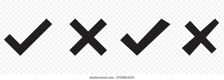 marca de seleção dentro da caixa de seleção quadrada, pintado à mão pincelada pincelada traçado símbolo de tique. Marcas de verificação do conjunto de rabiscos. Vote, sim, não, caixa de seleção, lista de verificação, sinais de marca e cruz, conceito desenhado em v e x. Conjunto de cores pretas EPS 10