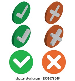 Checkmark isometric icon. 3d tick sign. Green check mark icon isolated on white background. Simple mark graphic flat design. Green yes button. Vector illustration.