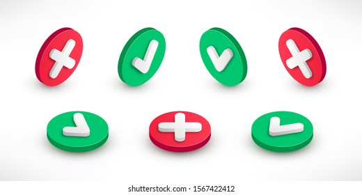 Checkmark isometric icon set. 3d tick sign. Green yes and red no X cross check mark button with shadow on white. Simple mark graphic flat design. Vector illustration.