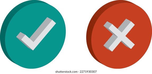 Checkmark isometric icon set. 3d tick sign. Green yes and red no X cross check mark button with shadow on white. Simple mark graphic flat design. Vector