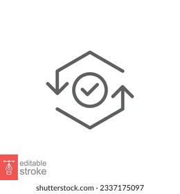 Checkmark like cash flow icon. Simple outline style. Easy payment, convenient, arrow cycle, auto concept. Thin line symbol. Vector illustration isolated on white background. Editable stroke EPS 10.
