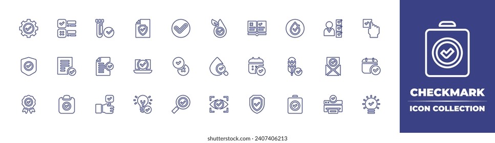 Checkmark line icon collection. Editable stroke. Vector illustration. Containing approve, check mark, intellectual property, easy installation, hypoallergenic, shield, water drop, badge, view.