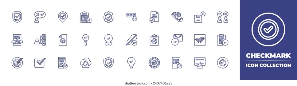 Colección de iconos de línea de marca de verificación. Trazo editable. Ilustración vectorial. Conteniendo candidato, correcto, engranaje, acordar, marca de verificación, renovación, garantía, conforme, blindaje, cheque, entregado, oferta, doble cheque.