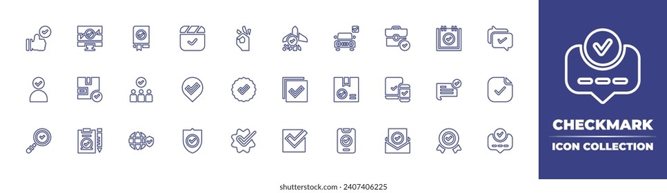 Checkmark line icon collection. Editable stroke. Vector illustration. Containing ok, approve, correct, tick, checkmark, accept, check mark, analysis, security, badge, hired, right, quality control.