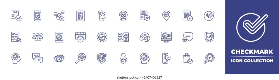 Checkmark line icon collection. Editable stroke. Vector illustration. Containing vote, correction, done, shield, check mark, accept, tick, package, idea, search, shopping bag, list, head, choose.