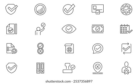 Checkmark line icon set. Containing validation, quality, agreement, badge medal, licence, checkmark, selection, accept, stamp, correct, tick, option, right line icon set. UI thin line icon pack.