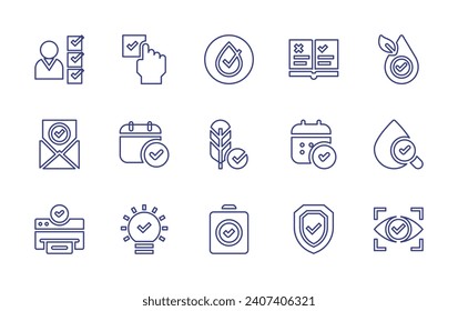 Checkmark line icon set. Editable stroke. Vector illustration. Containing approve, check mark, intellectual property, hypoallergenic, water drop, view, insurance, email, printing, checklist, guideline