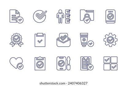 Checkmark line icon set. Editable stroke. Vector illustration. Containing checkmark, clipboard, task, tick, success, select, accept, medal, checklist, like, email, repair, folder, suncream, sign.