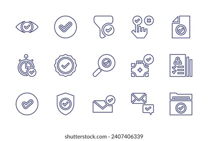 Checkmark line icon set. Editable stroke. Vector illustration. Containing accept, verification, shield, document, registered, folder, vision, time, filter, check, search, email, rating, first aid kit.