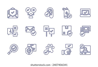 Checkmark line icon set. Editable stroke. Vector illustration. Containing verified user, inspection, pet friendly, choose, water, message, package, checked, email, ear, laptop, information, voting.