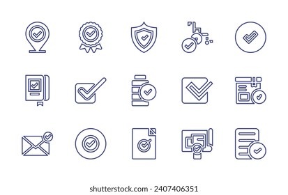 Checkmark line icon set. Editable stroke. Vector illustration. Containing badge, check, yes, box, accept, placeholder, book, shield, email, battery, approved, wheelchair, blueprint.