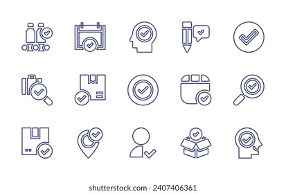 Checkmark line icon set. Editable stroke. Vector illustration. Containing checkmark, motivation, check, success, search, user, mind, agree, video, purchase, manufacture, checked, shipping.