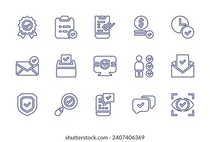 Checkmark line icon set. Editable stroke. Vector illustration. Containing survey, democracy, check mark, time, good review, visibility, validation, sent, double check, shield, electronic vote, test.