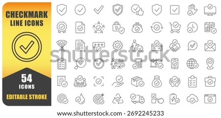 Checkmark Line Icon Vector Set. A Collection Of 54 Editable Thin Line Stroke Checkmark Icons Representing Approval, Success, Verification, And Tasks. Perfect For Business, Project Management, Websites