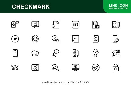 Checkmark Modern Line Icon Pack. Minimal, clean, and professional outline symbols perfect for verification, tasks, and approval-related themes.