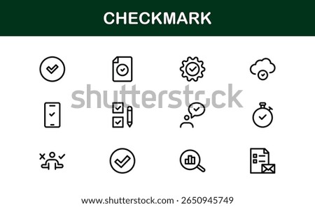 Checkmark Modern Line Icon Pack. Minimal, clean, and professional outline symbols perfect for verification, tasks, and approval-related themes.