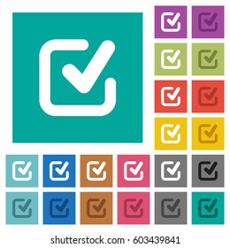 Checkmark multi colored flat icons on plain square backgrounds. Included white and darker icon variations for hover or active effects.