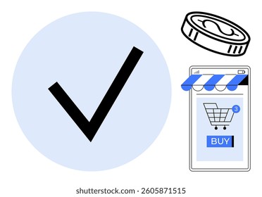 Checkmark on blue circle, coin, and smartphone with shopping cart icon. Ideal for online shopping verification, e-commerce, mobile transactions, digital marketing, financial transactions