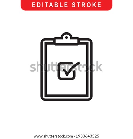 Checkmark on Clipboard Outline Icon. Task Completed Line Art Logo. Vector Illustration. Isolated on White Background. Editable Stroke