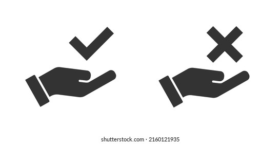 Checkmark on hand icon. Сonfirm and reject symbols. Flat vector illustration.