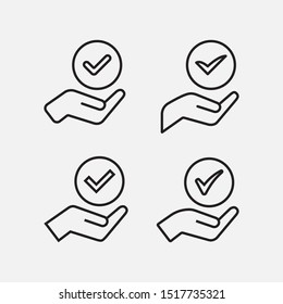 checkmark on hand web icon. Top service rating on white background