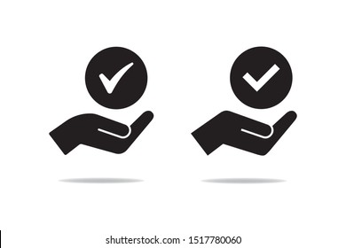 checkmark on hand web icon. Top service rating on white background