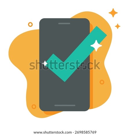Checkmark on mobile cell phone screen icon modern design, smartphone with check mark tick as confirm approved notice, valid verified sign on cellphone screen, update or task finished symbol