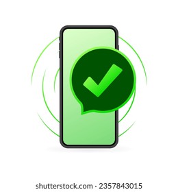 Markieren Sie das Kontrollkästchen auf dem Bildschirm. Flat, grün, grünes Auswahlfeld, Telefonbildschirm, leerer Bildschirm. Vektorgrafik