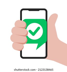 Checkmark on phone screen. Hand holding smartphone with check mark. Vector illustration on flat design
