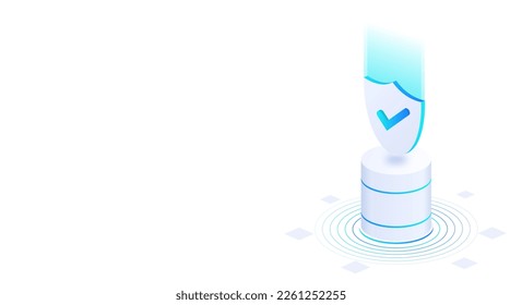 Checkmark on shield banner. Graphic element for website, landing page design. Internet security and personal data protection. Template and mock up. Cartoon isometric vector illustration