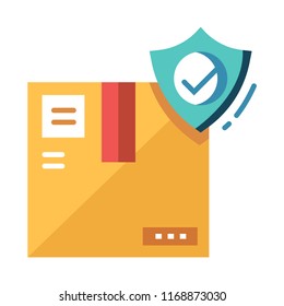 Checkmark on shield icon with package box vector illustration in flat color design