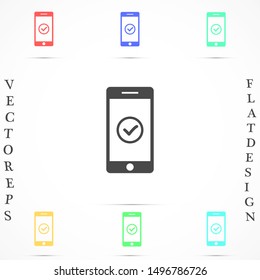 Checkmark on smartphone screen. Green confirmation notification of success finish app update or purchase payment tick on mobile phone holding in hand. Check mark sign vector flat illustration
