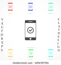 Checkmark on smartphone screen. Green confirmation notification of success finish app update or purchase payment tick on mobile phone holding in hand. Check mark sign vector flat illustration
