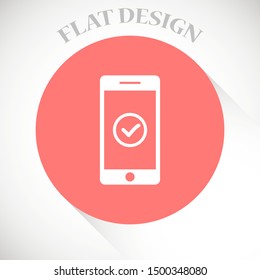 Checkmark on smartphone screen. Green confirmation notification of success finish app update or purchase payment tick on mobile phone holding in hand. Check mark sign vector flat illustration
