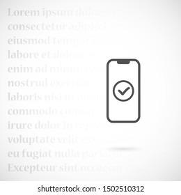 Checkmark on smartphone screen. Green confirmation notification of success finish app update or purchase payment tick on mobile phone holding in hand. Check mark sign vector flat illustration
