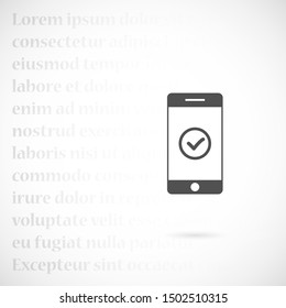 Checkmark on smartphone screen. Green confirmation notification of success finish app update or purchase payment tick on mobile phone holding in hand. Check mark sign vector flat illustration
