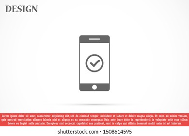 Checkmark on smartphone screen. Green confirmation notification of success finish app update or purchase payment tick on mobile phone holding in hand. Check mark sign vector flat illustration
