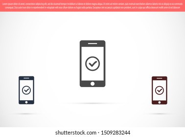 Checkmark on smartphone screen. Green confirmation notification of success finish app update or purchase payment tick on mobile phone holding in hand. Check mark sign vector flat illustration
