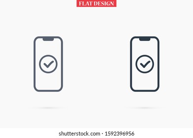 Checkmark on smartphone screen. Green confirmation notification of success finish app update or purchase payment tick on mobile phone holding in hand. Check mark sign vector flat illustration
