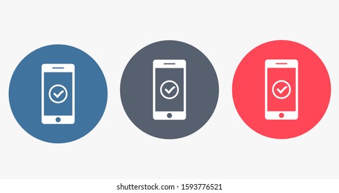 Checkmark on smartphone screen. Green confirmation notification of success finish app update or purchase payment tick on mobile phone holding in hand. Check mark sign vector flat illustration
