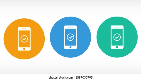Checkmark on smartphone screen. Green confirmation notification of success finish app update or purchase payment tick on mobile phone holding in hand. Check mark sign vector flat illustration
