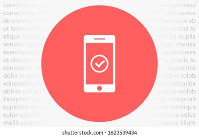 Checkmark on smartphone screen. Green confirmation notification of success finish app update or purchase payment tick on mobile phone holding in hand. Check mark sign vector flat illustration

