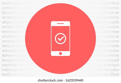 Checkmark on smartphone screen. Green confirmation notification of success finish app update or purchase payment tick on mobile phone holding in hand. Check mark sign vector flat illustration
