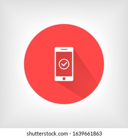 Checkmark on smartphone screen. Green confirmation notification of success finish app update or purchase payment tick on mobile phone holding in hand. Check mark sign vector flat illustration