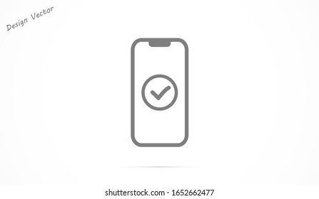Checkmark on smartphone screen. Green confirmation notification of success finish app update or purchase payment tick on mobile phone holding in hand. Check mark sign vector flat illustration
