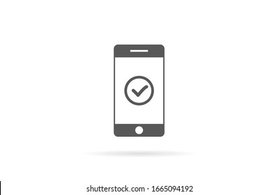 Markieren Sie auf dem Smartphone-Bildschirm. Grüne Bestätigungsmeldung zum erfolgreichen Abschluss von app-Update oder Kauf-Zahlungstick auf Handy-Halten in der Hand. Vektorillustration mit Markierungszeichen überprüfen