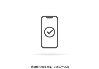 Checkmark on smartphone screen. Green confirmation notification of success finish app update or purchase payment tick on mobile phone holding in hand. Check mark sign vector flat illustration